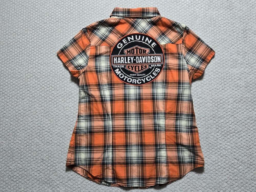 Harley-Davidson Women's Plaid Short Sleeve Shirt Orange Black Size L